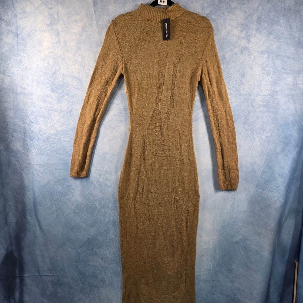 PrettyLittleThing Womens Camel Knit Open Back Mock Neck Maxi Dress Small NWT